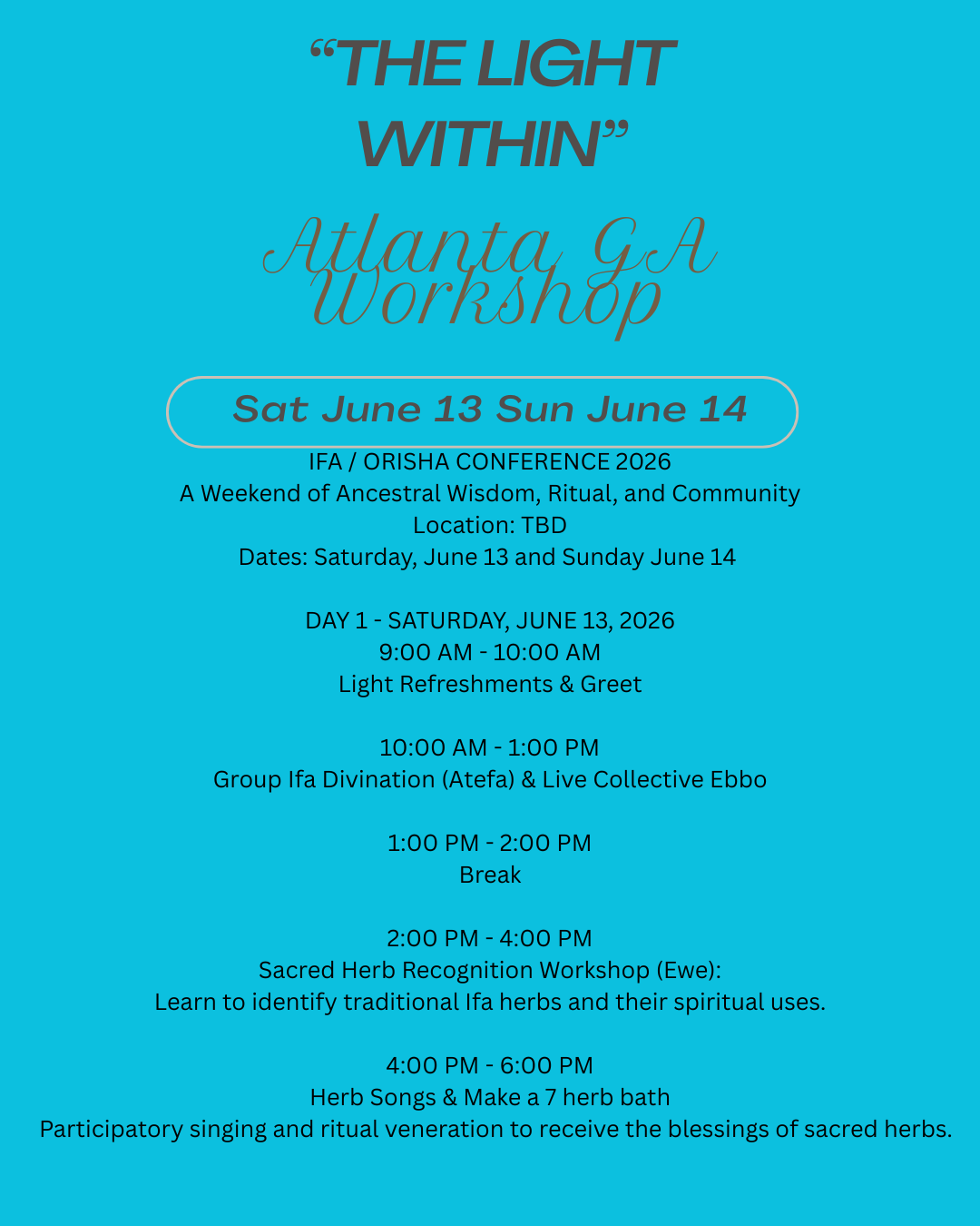2 day Atlanta, GA "The light within " Work Shop with Joseph Baba Ifa June 2026